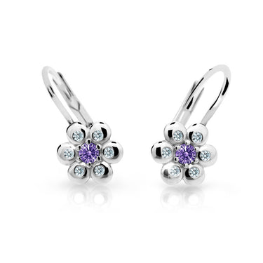 Dětské náušnice Danfil kytičky C2247 z bílého zlata s kamínkem Amethyst, zapínání klapka