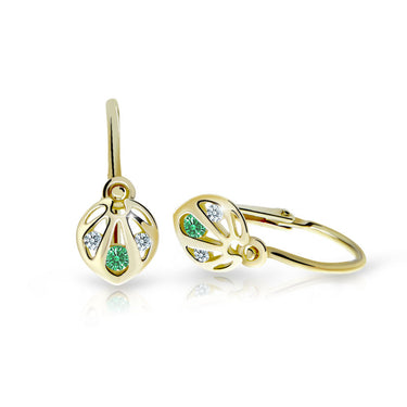 Dětské náušnice Danfil C2265 ze žlutého zlata s kamínkem Emerald Green, zapínání brizura
