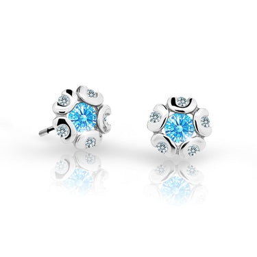 Dětské náušnice Danfil kytičky C2178 z bílého zlata s kamínkem Arctic Blue, zapínání balónek