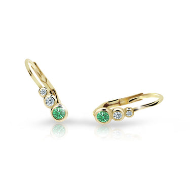 Dětské náušnice Danfil C2255 ze žlutého zlata s kamínky Emerald Green, zapínání klapka