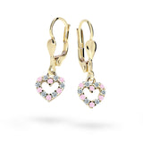 Dětské visací náušnice Danfil srdíčka C2157 ze žlutého zlata s kamínky Pink, zapínání klapka