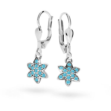 Dětské visací náušnice Danfil kytičky C2206 z bílého zlata s kamínky Mint Green, zapínání klapka