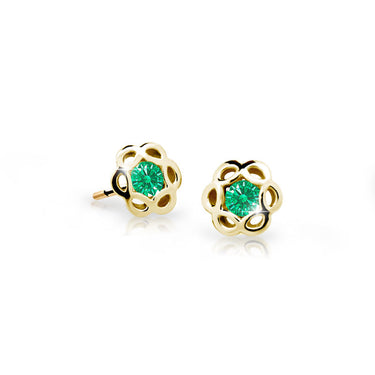 Dětské náušnice Danfil kytičky C2179 ze žlutého zlata s kamínkem Emerald Green, zapínání balónek