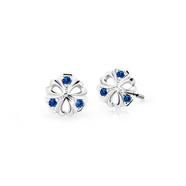 Dětské náušnice Danfil kytičky C2230 z bílého zlata s kamínky Dark Blue, zapínání puzeta