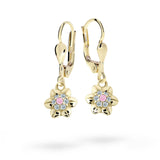 Dětské visací náušnice Danfil kytičky C2202 ze žlutého zlata s kamínkem Pink, zapínání klapka