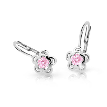Dětské náušnice Danfil kytičky C2204 z bílého zlata s kamínkem Pink, zapínání klapka