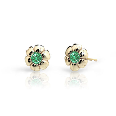 Dětské náušnice Danfil kytičky C2151 ze žlutého zlata s kamínkem Emerald Green, zapínání balónek