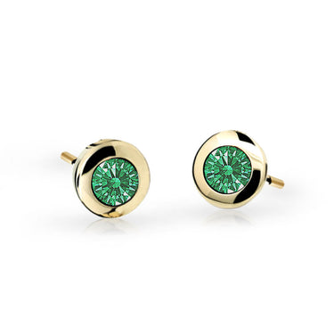 Dětské náušnice Danfil C1537 ze žlutého zlata s kamínkem Emerald Green, zapínání puzeta