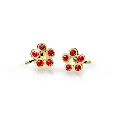 Dětské náušnice Danfil kytičky C2744 ze žlutého zlata s kamínky Ruby Dark, zapínání balónek