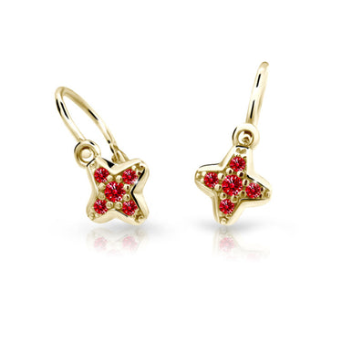 Dětské náušnice Danfil hvězdičky C2266 ze žlutého zlata s kamínky Ruby Dark, zapínání brizura