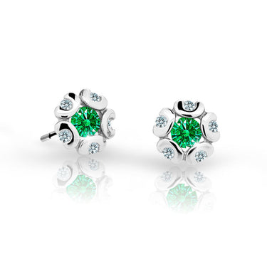 Dětské náušnice Danfil kytičky C2178 z bílého zlata s kamínkem Emerald Green, zapínání balónek