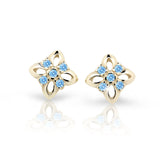 Dětské náušnice Danfil kytičky C2215 ze žlutého zlata s kamínky Arctic Blue, zapínání puzeta