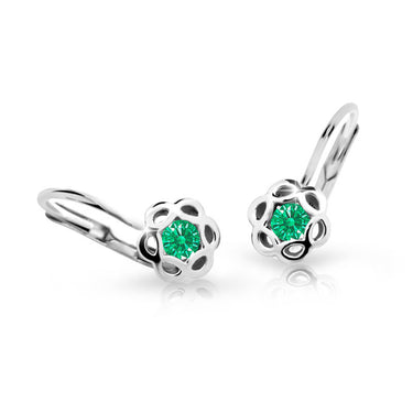 Dětské náušnice Danfil kytičky C2179 z bílého zlata s kamínkem Emerald Green, zapínání klapka