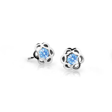 Dětské náušnice Danfil kytičky C2179 z bílého zlata s kamínkem Arctic Blue, zapínání balónek