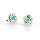 Dětské náušnice Danfil kytičky C2178 ze žlutého zlata s kamínkem Arctic Blue, zapínání puzeta