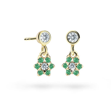 Dětské visací náušnice Danfil kytičky C2152 ze žlutého zlata s kamínky Emerald Green, zapínání balónek