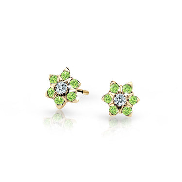 Dětské náušnice Danfil kytičky C2152 ze žlutého zlata s kamínky Peridot Green, zapínání balónek