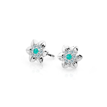 Dětské náušnice Danfil kytičky C2202 z bílého zlata s kamínkem Mint Green, zapínání balónek