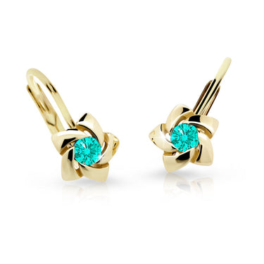 Dětské náušnice Danfil C2201 ze žlutého zlata s kamínkem Mint Green, zapínání klapka
