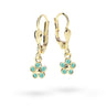 Dětské visací náušnice Danfil kytičky C2744 ze žlutého zlata s kamínky Mint Green, zapínání klapka