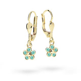 Dětské visací náušnice Danfil kytičky C2744 ze žlutého zlata s kamínky Mint Green, zapínání klapka