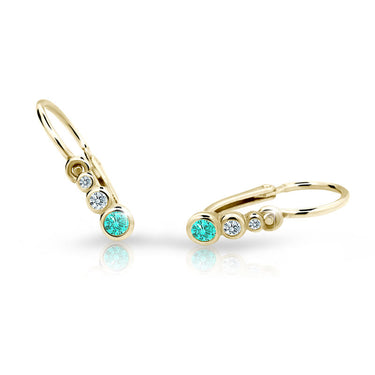 Dětské náušnice Danfil C2255 ze žlutého zlata s kamínky Mint Green, zapínání brizura