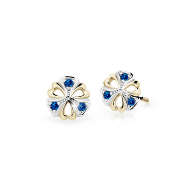 Dětské náušnice Danfil kytičky C2230 ze žlutého zlata s kamínky Dark Blue, zapínání balónek