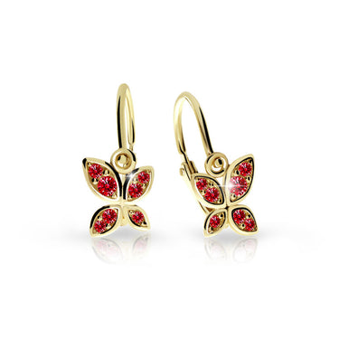 Dětské náušnice Danfil C2259 ze žlutého zlata s kamínky Ruby Dark, zapínání brizura