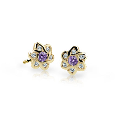 Dětské náušnice Danfil kytičky C2149 ze žlutého zlata s kamínky Amethyst, zapínání balónek