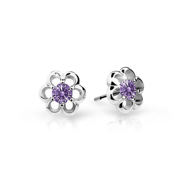 Dětské náušnice Danfil kytičky C1947 z bílého zlata s kamínky Amethyst, zapínání balónek