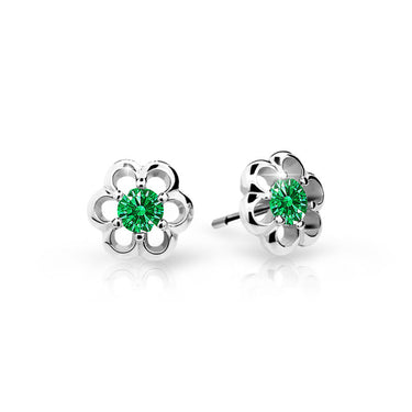 Dětské náušnice Danfil kytičky C1947 z bílého zlata s kamínky Emerald Green, zapínání balónek