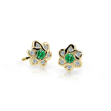 Dětské náušnice Danfil kytičky C2149 ze žlutého zlata s kamínky Emerald Green, zapínání balónek