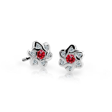 Dětské náušnice Danfil kytičky C2149 z bílého zlata s kamínky Ruby Dark, zapínání balónek
