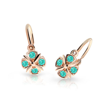 Dětské náušnice Danfil C2245 z růžového zlata s kamínky Mint Green, zapínání brizura