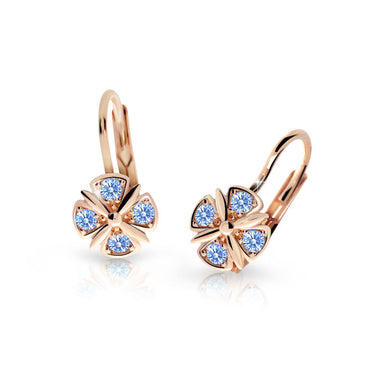 Dětské náušnice Danfil C2245 z růžového zlata s kamínky Arctic Blue, zapínání klapka