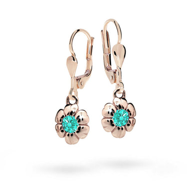 Dětské visací náušnice Danfil kytičky C2151 z růžového zlata s kamínky Mint Green, zapínání klapka