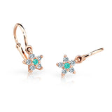 Dětské náušnice Danfil hvězdičky C2118 z růžového zlata s kamínky Mint Green, zapínání brizura
