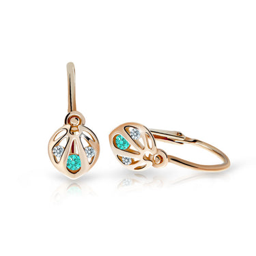 Dětské náušnice Danfil C2265 z růžového zlata s kamínky Mint Green, zapínání brizura