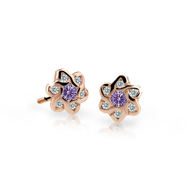 Dětské náušnice Danfil kytičky C2149 z růžového zlata s kamínky Amethyst, zapínání balónek