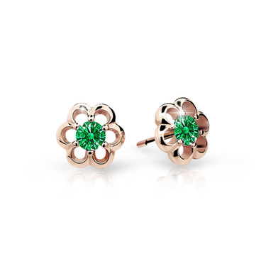 Dětské náušnice Danfil kytičky C1947 z růžového zlata s kamínky Emerald Green, zapínání balónek
