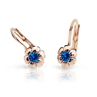 Dětské náušnice Danfil kytičky C2151 z růžového zlata s kamínky Dark Blue, zapínání klapka