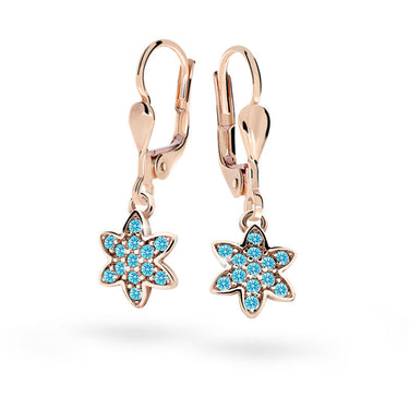 Dětské visací náušnice Danfil kytičky C2206 z růžového zlata s kamínky Mint Green, zapínání klapka