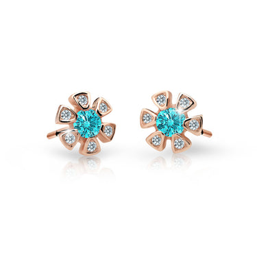 Dětské náušnice Danfil kytičky C2156 z růžového zlata s kamínky Mint Green, zapínání balónek