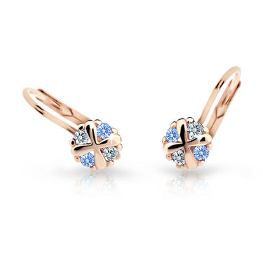 Dětské náušnice Danfil C2153 z růžového zlata s kamínky Arctic Blue, zapínání klapka