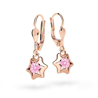 Dětské visací náušnice Danfil hvězdičky C2159 z růžového zlata s kamínky Pink, zapínání klapka