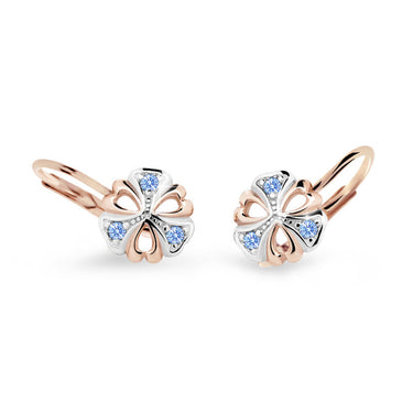 Dětské náušnice Danfil kytičky C2230 z růžového zlata s kamínky Arctic Blue, zapínání klapka