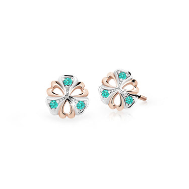 Dětské náušnice Danfil kytičky C2230 z růžového zlata s kamínky Mint Green, zapínání balónek