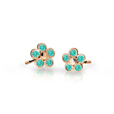 Dětské náušnice Danfil kytičky C2744 z růžového zlata s kamínky Mint Green, zapínání balónek