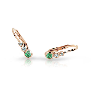 Dětské náušnice Danfil C2255 z růžového zlata s kamínky Emerald Green, zapínání klapka