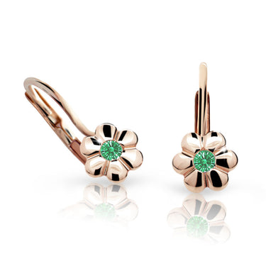 Dětské náušnice Danfil kytičky C1736 z růžového zlata s kamínky Emerald Green, zapínání klapka